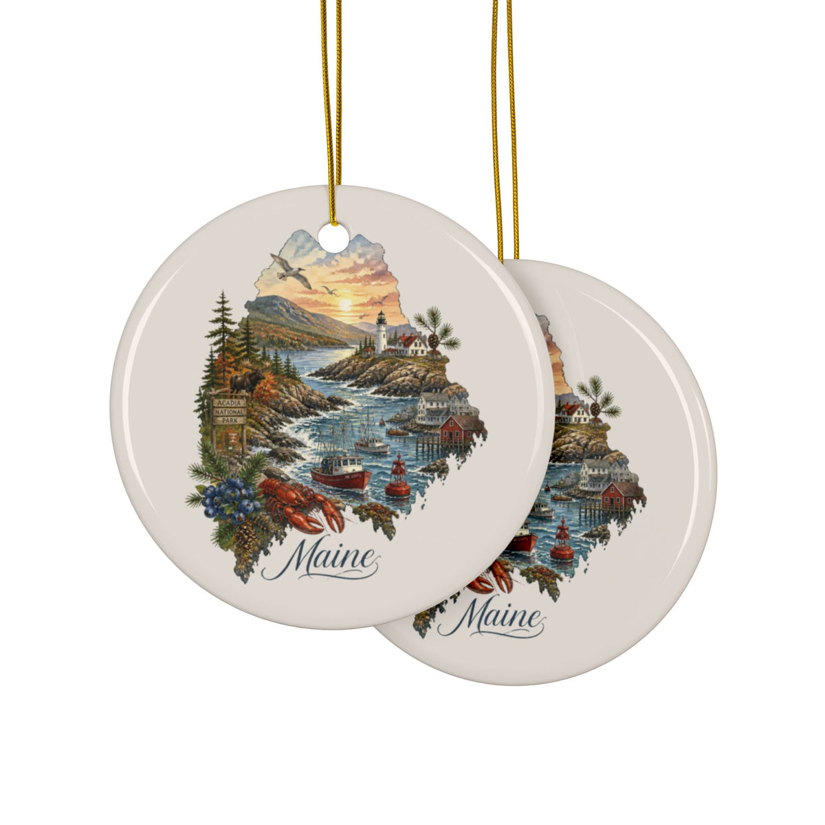 Maine Coastal Scene Ornament | Ceramic Round Ornament - 2.99" Includes Gold String