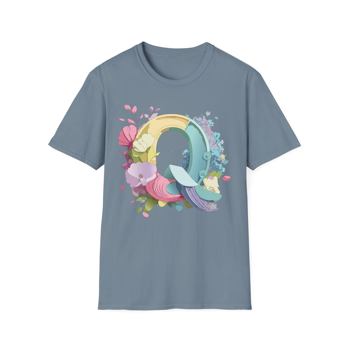 Floral Letter Q T-Shirt | Pastel Rainbow Monogram Tee