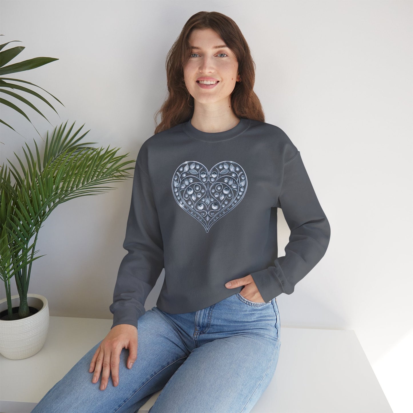 Big Crystal Heart Sweatshirt Unisex Fifty Fifty Cotton Poly Crewneck Valentines Day Sweatshirt