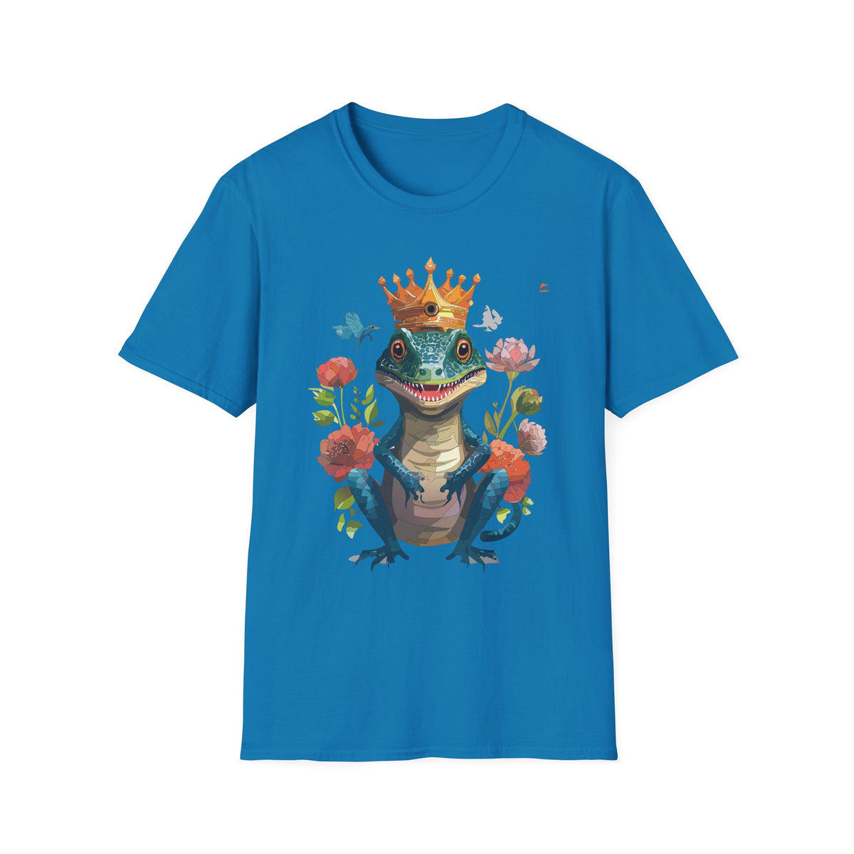 Crowned Lizard Illustration T-Shirt | Regal Gecko with Flowers