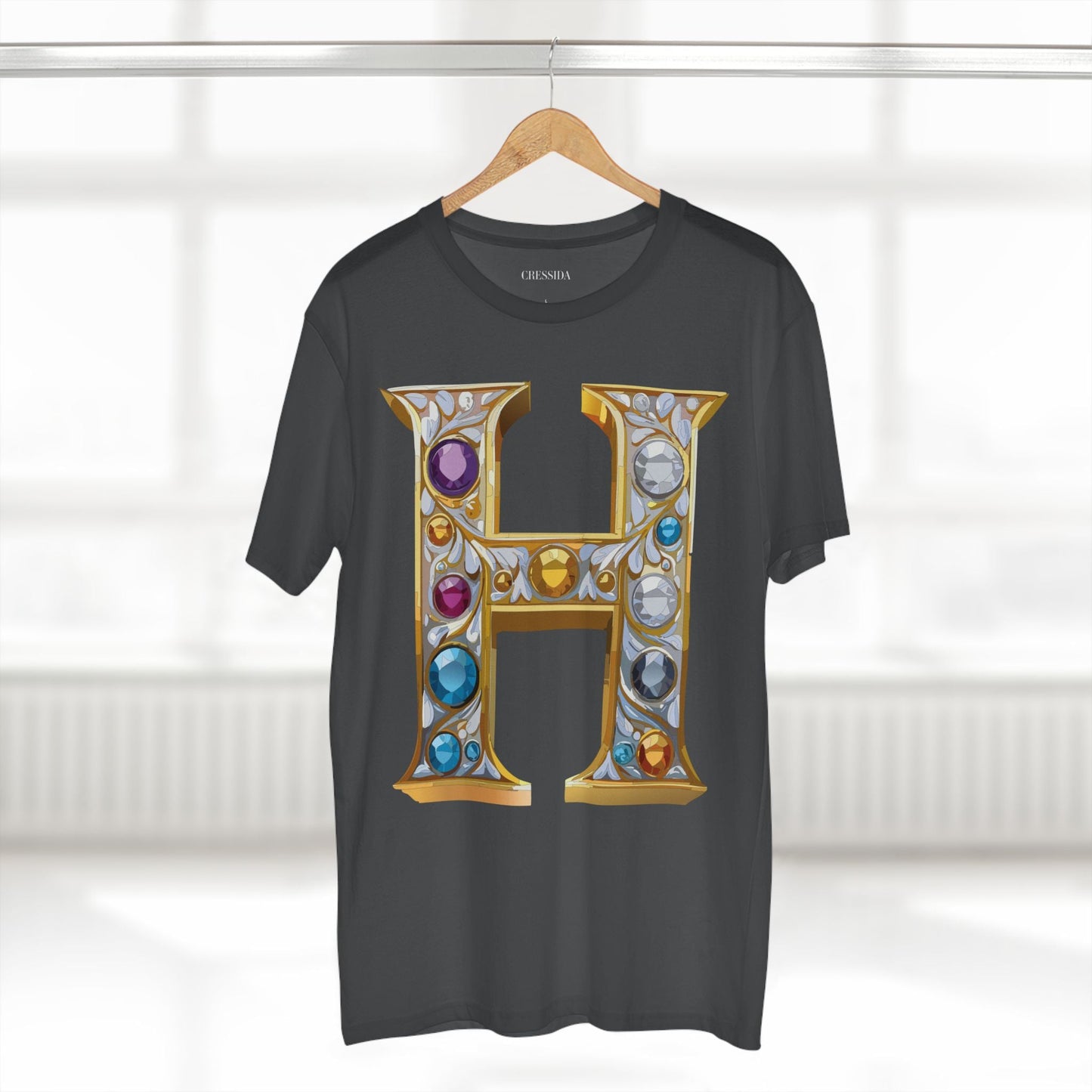 Letter H Graphic Design Tee Unisex 100 Cotton With Antique Gold Letters Artwork T-Shirt