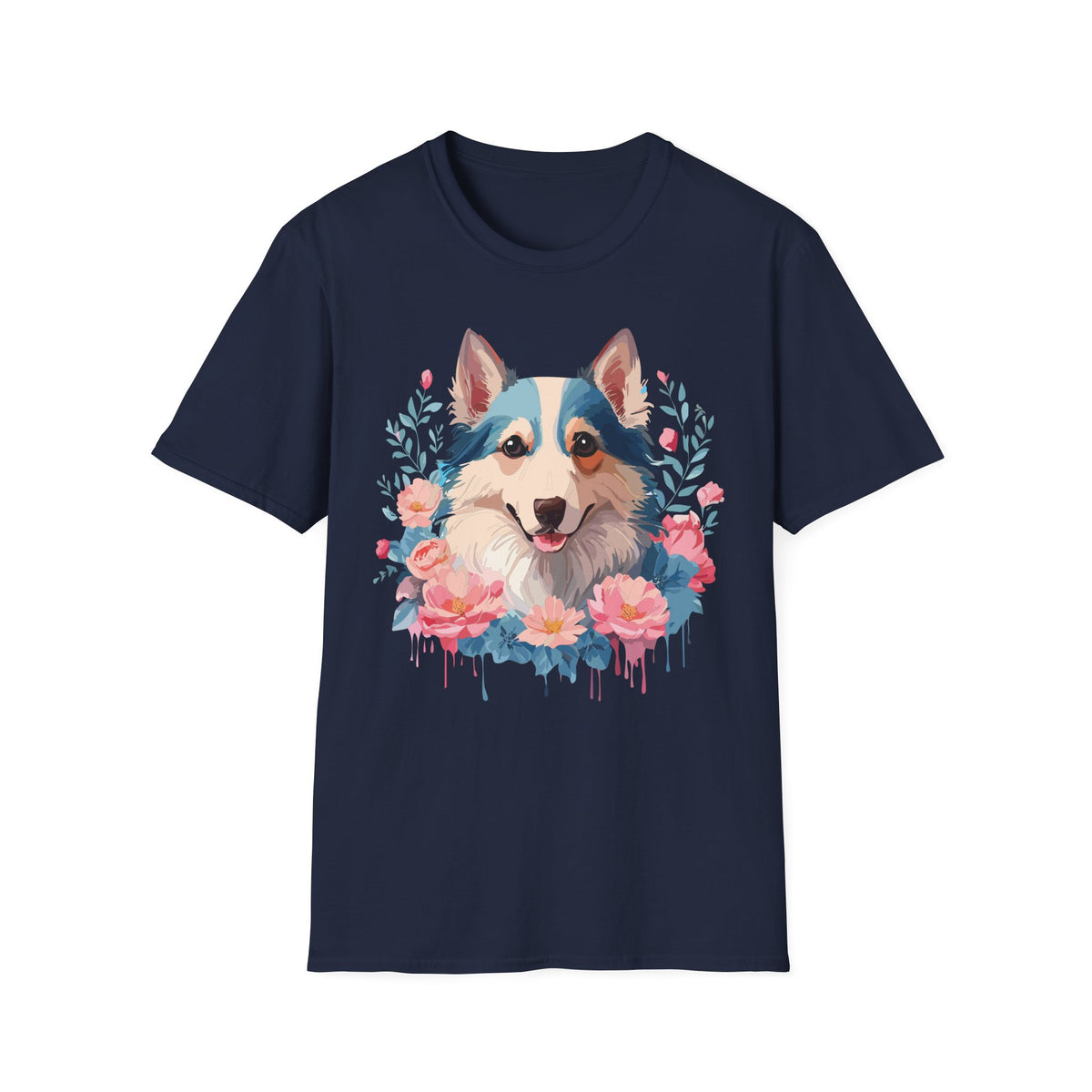 Floral Corgi Portrait T-Shirt | Dog Face Tee with Flowers