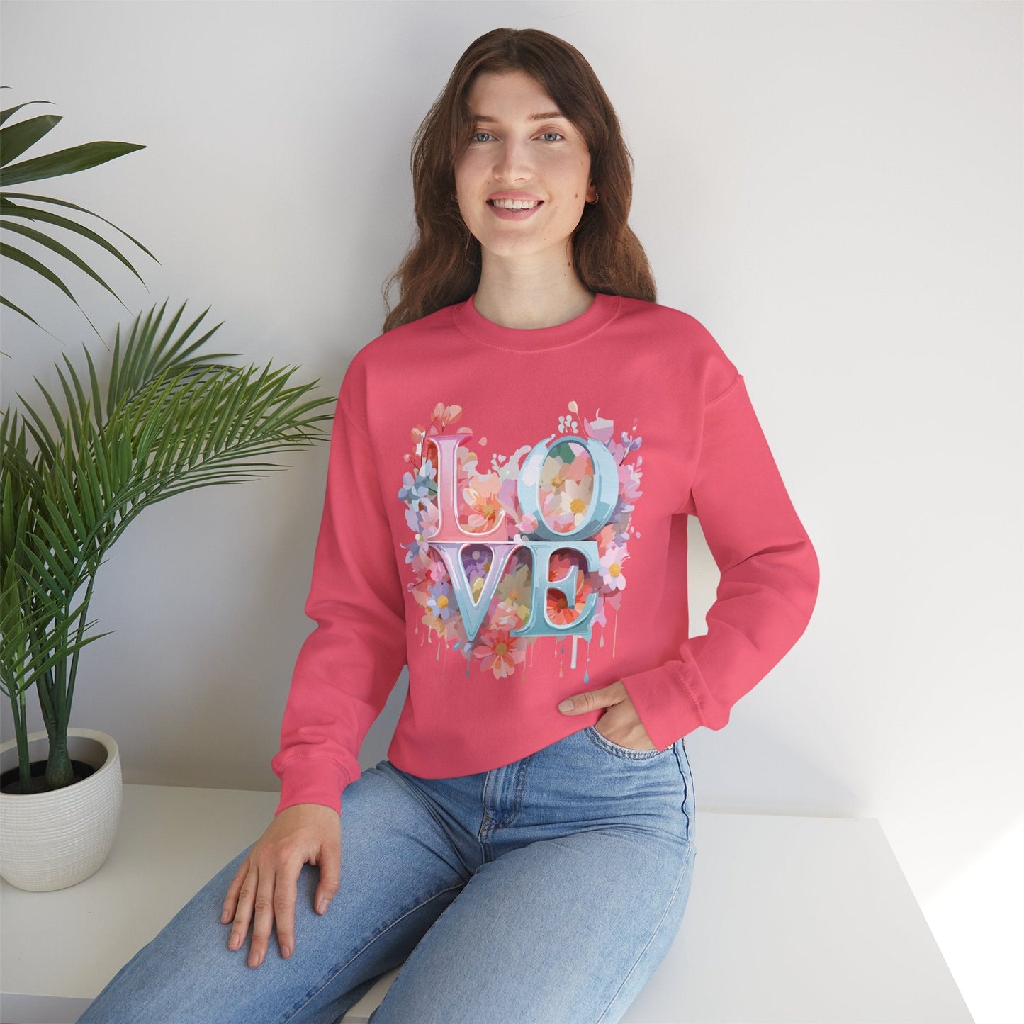 Floral Love Sweatshirt Unisex Valentines Day Crewneck Gildan 18000 50 Cotton 50 Polyester