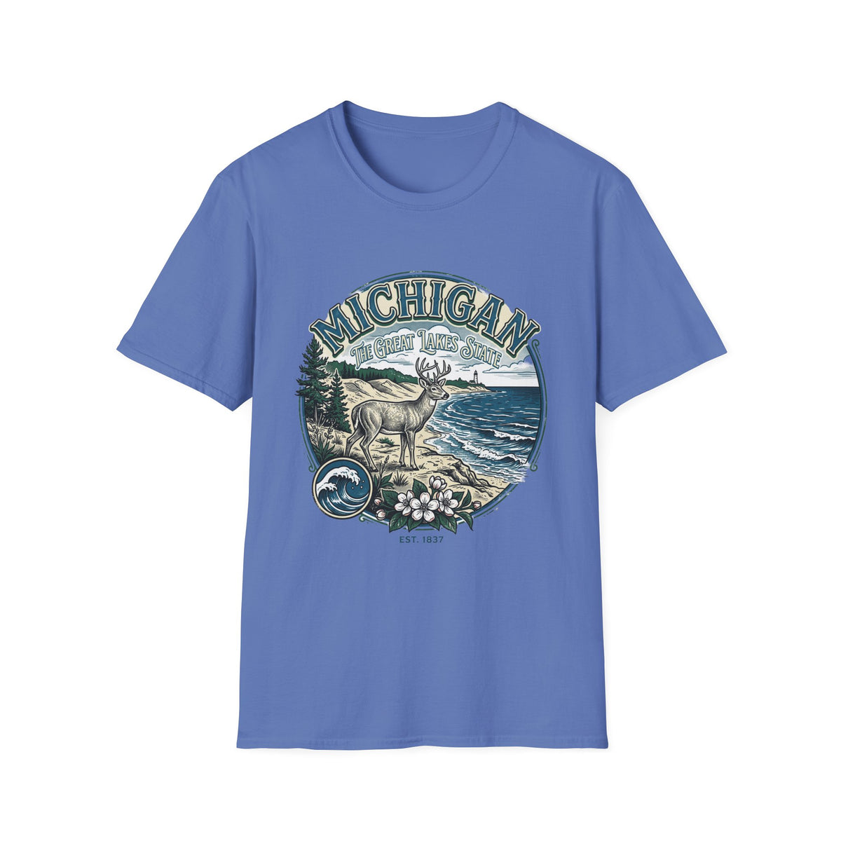 Michigan Deer Scenic T-Shirt — Vintage Great Lakes Travel Tourist Graphic Design Unisex 100 Cotton Gildan T-Shirt