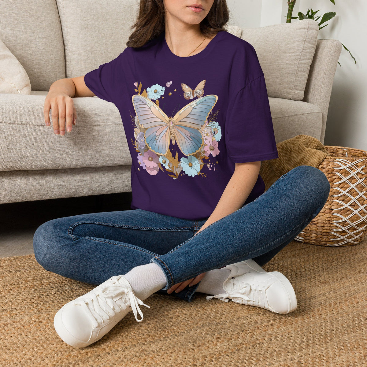 Butterfly Bloom T-Shirt — Pastel Floral Butterfly Graphic Design Unisex 100 Cotton Gildan T-Shirt