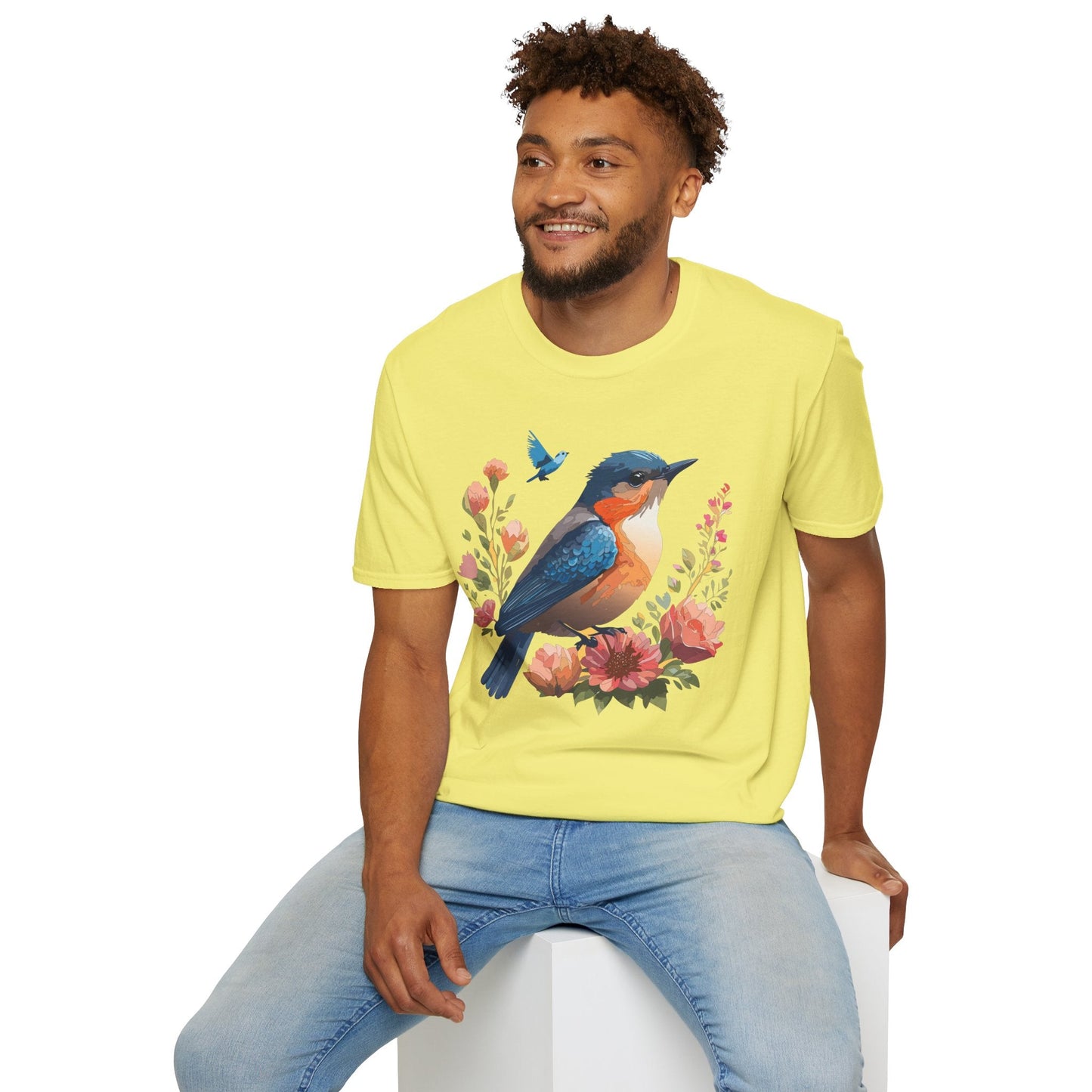 Unisex Floral Bird T Shirt Softstyle 64000 Gildan Ring Spun Cotton Tee Relaxed Fit