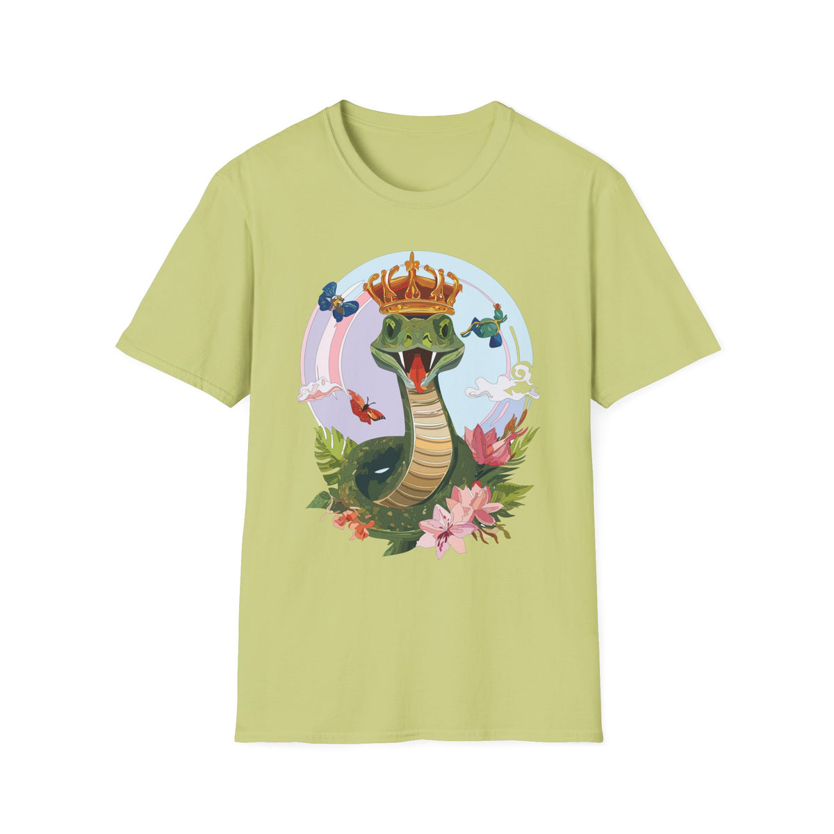 Crowned Snake Illustration T-Shirt | Regal Snake with Crown and Butterflies