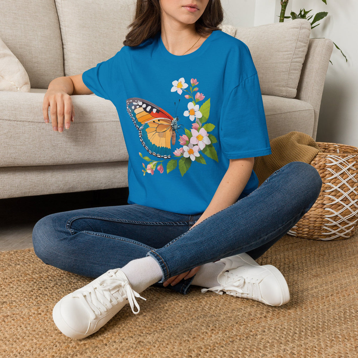 Butterfly Floral T-Shirt — Colorful Monarch with Blossoms Graphic Design Unisex 100 Cotton Gildan T-Shirt