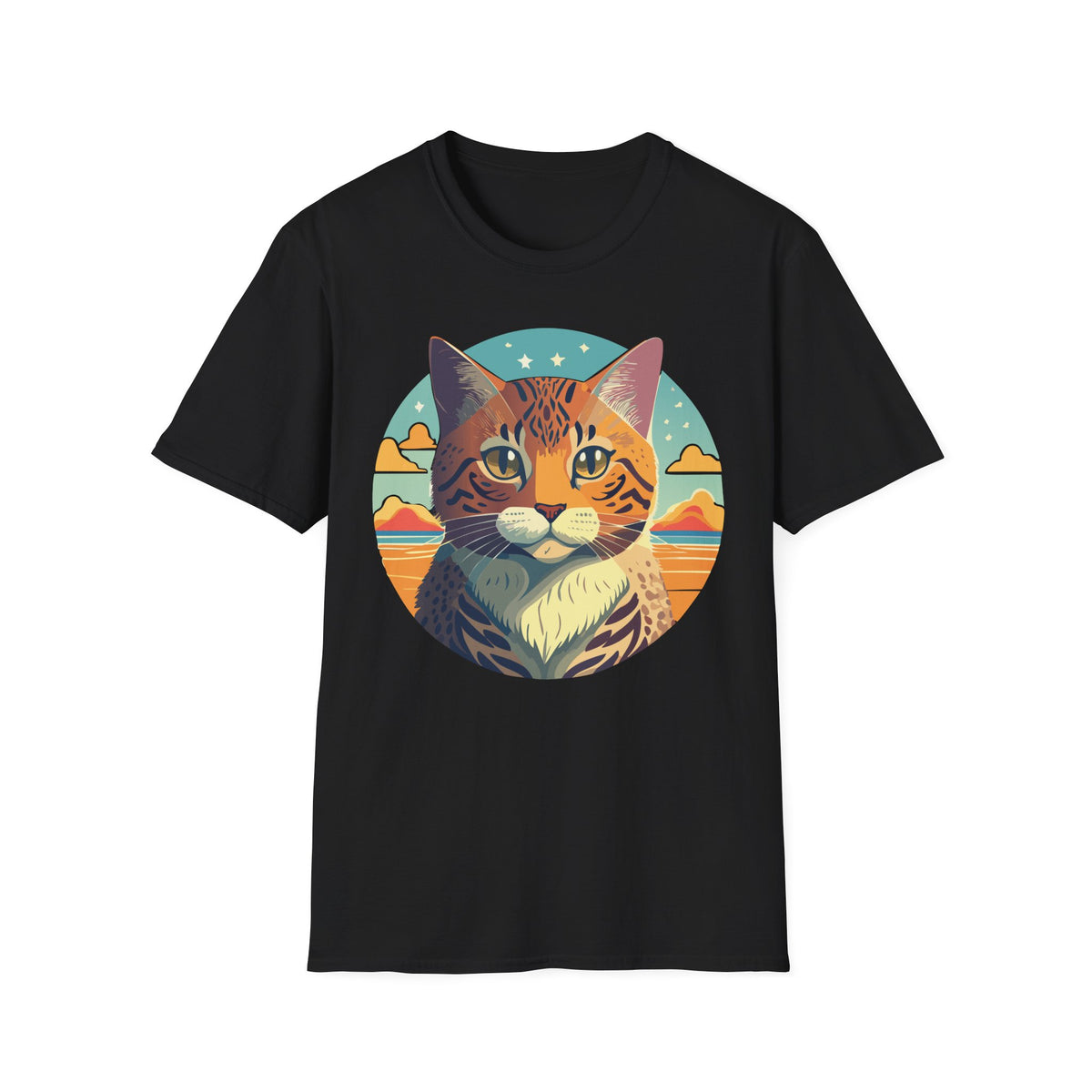 Retro Tabby Cat Illustration T-Shirt | Vintage Sunset Cat Tee
