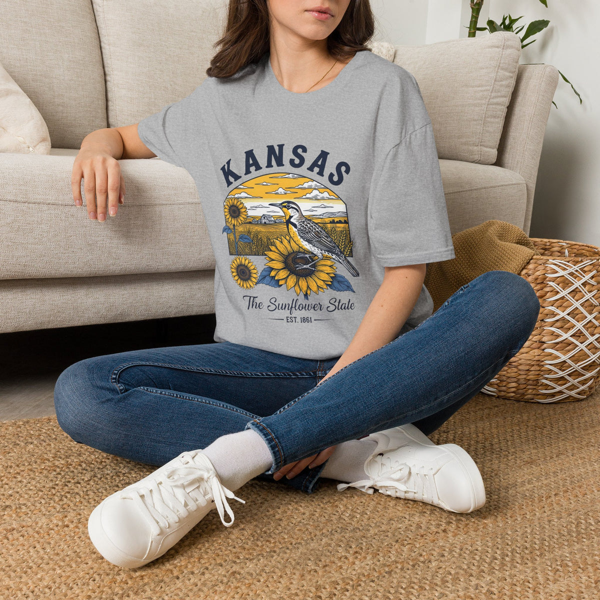 Kansas Sunflower State T-Shirt — Meadowlark Sunflowers Travel Tourist Graphic Design Unisex 100 Cotton Gildan T-Shirt