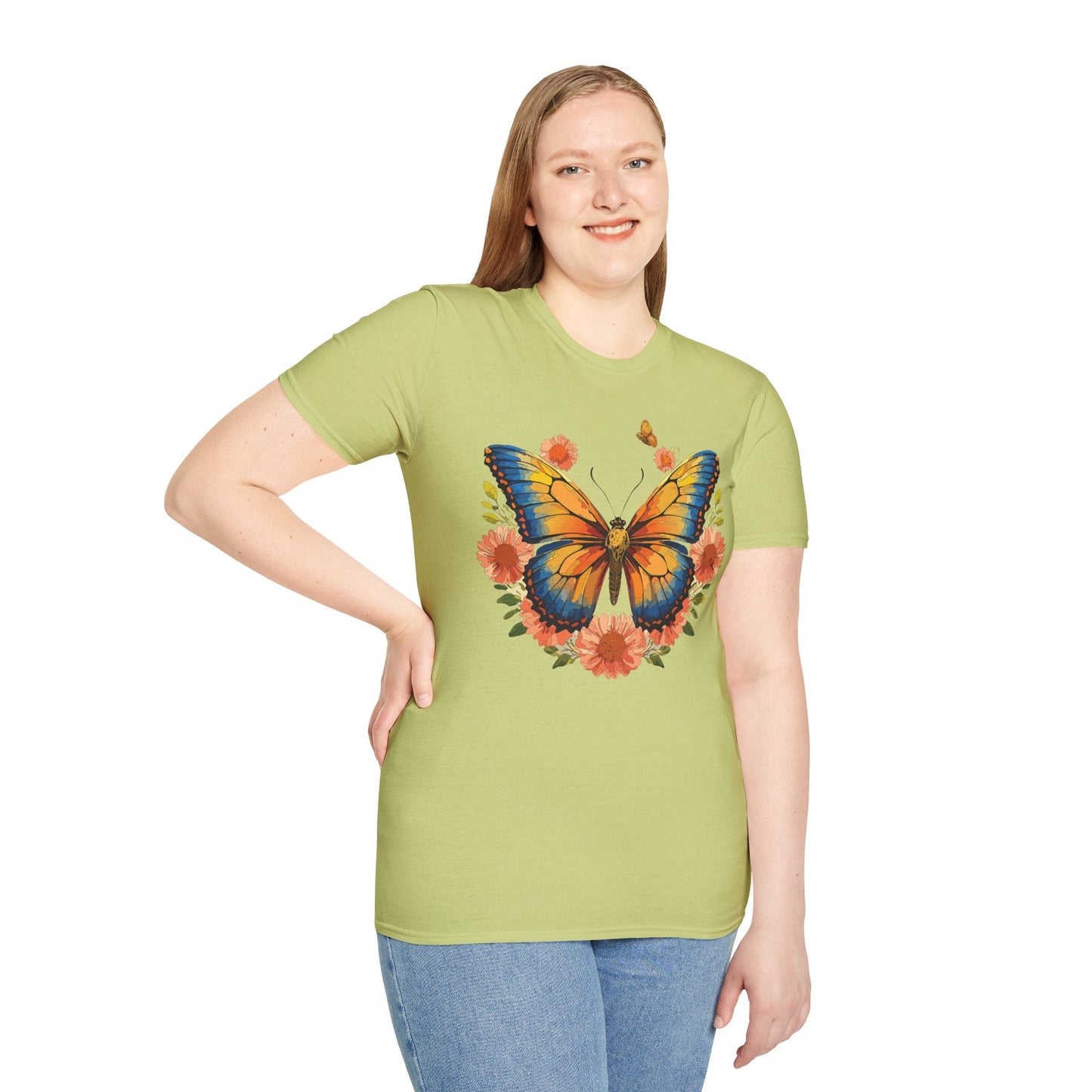 Butterfly T Shirt Unisex Softstyle Gildan 64000 Monarch Print 100 Percent Ring Spun Cotton