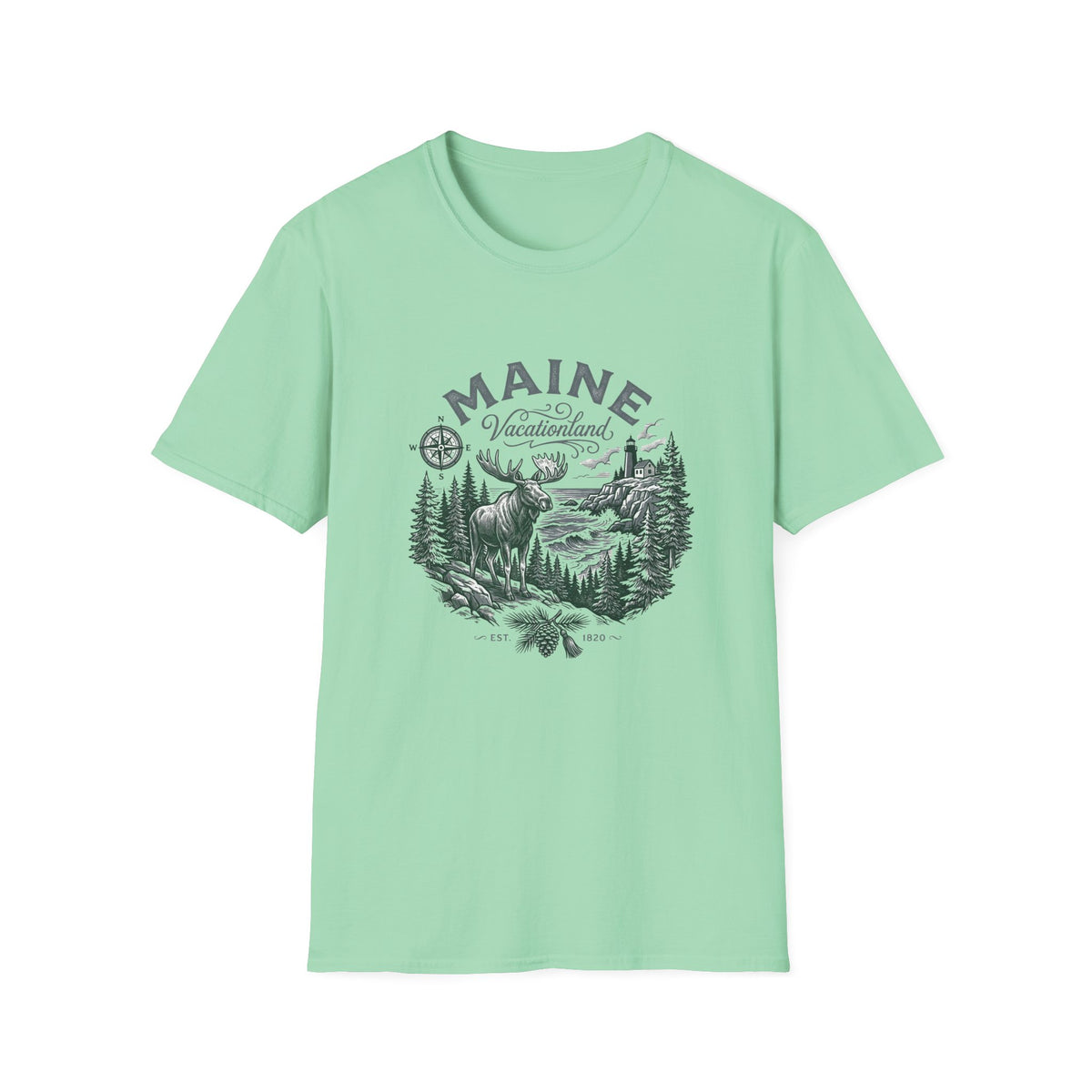 Maine Wilderness Moose Graphic T-Shirt — Vintage State Nature Travel Tourist Graphic Design Unisex 100 Cotton Gildan T-Shirt