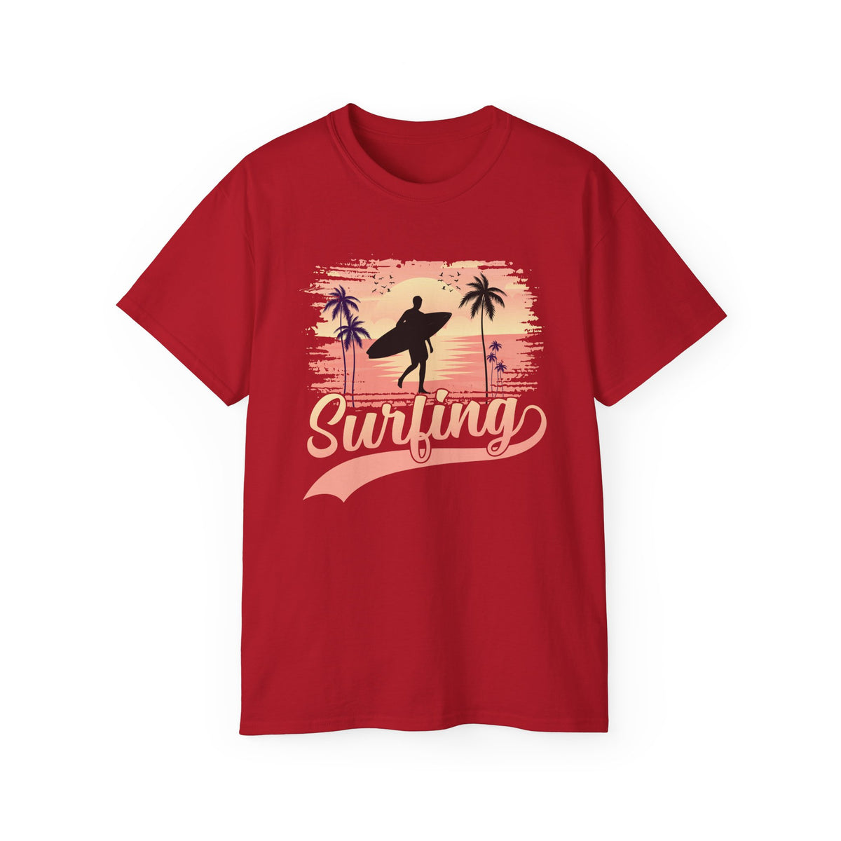 Surfing Silhouette Sunset T-Shirt | Palm Trees, Retro Wave Graphic