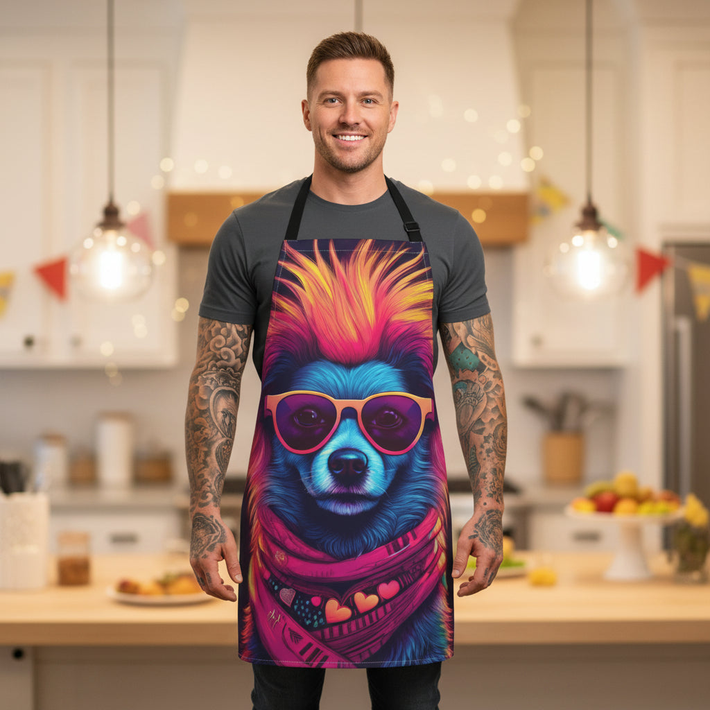 Colorful Neon Dog Apron — Cool Pooch with Sunglasses & Heart Bandana Stain-Resistant - Art Print Canvas Apron