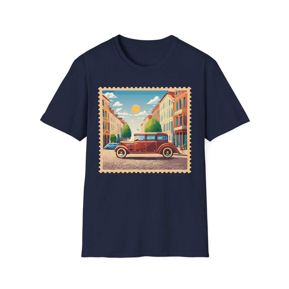 Vintage City Street Illustration T-Shirt | Retro Car, Sunny Urban Graphic Tee Unisex 100 Cotton Gildan T-Shirt