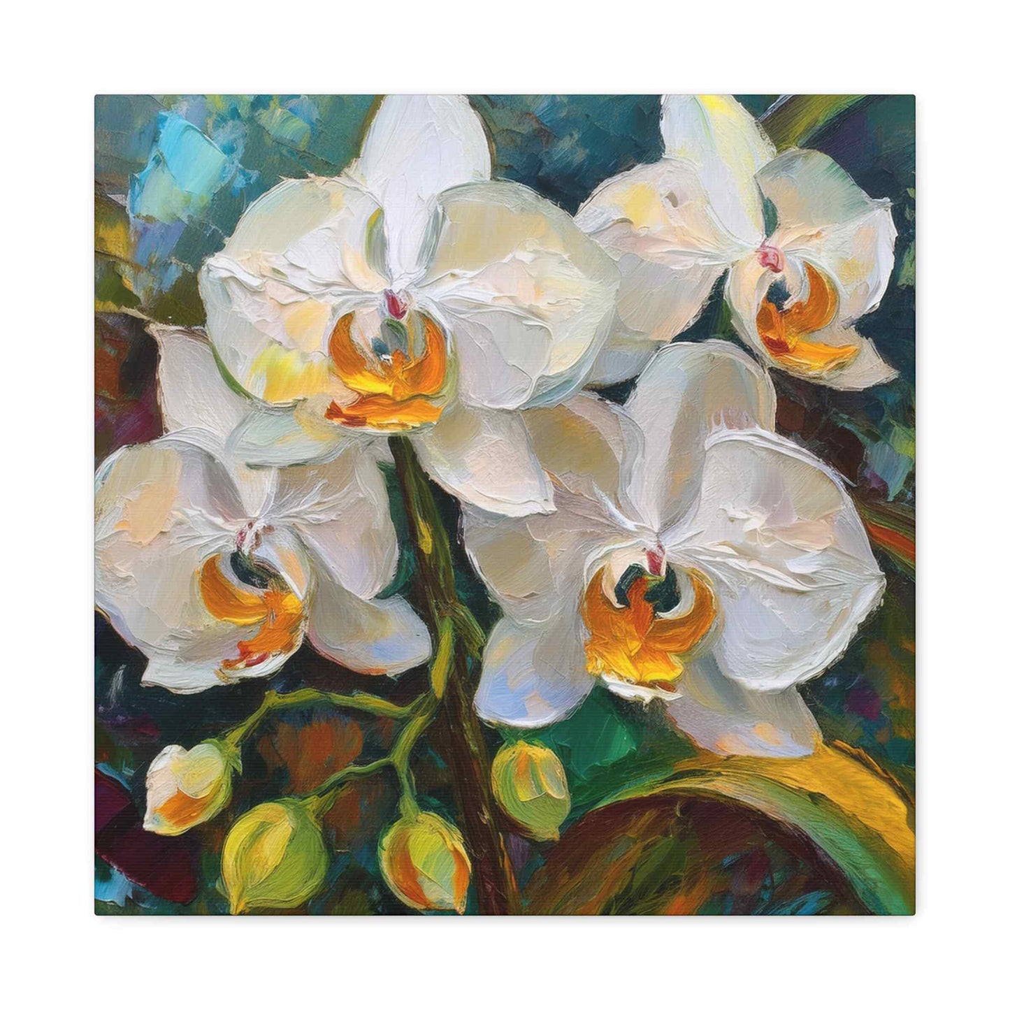 White Orchids Print Canvas, Floral Oil Paint Print 20x20, 24x24, 30x30, 32x32, 36x36 Art Design Pine-Wood Inner Frame MC-137