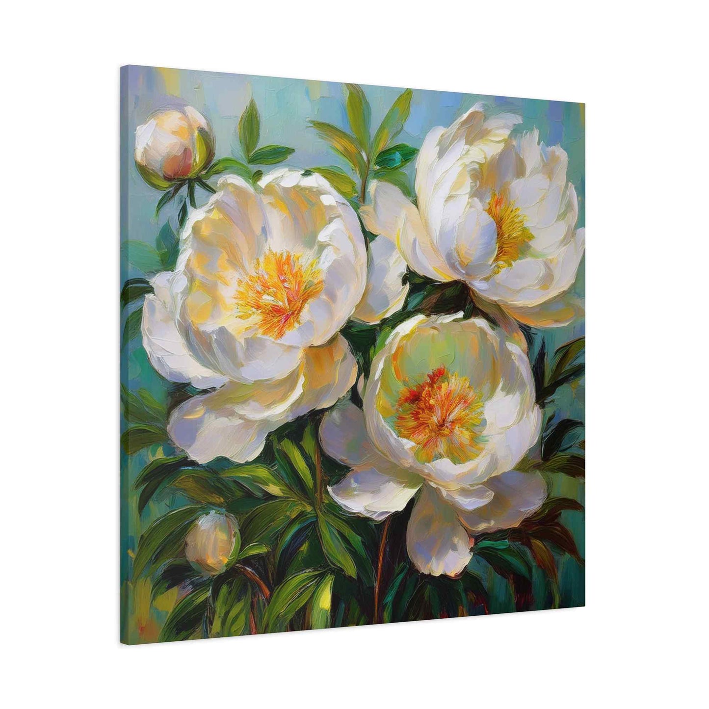 White Peonies Print Canvas, Floral Oil Paint Print 20x20, 24x24, 30x30, 32x32, 36x36 Art Design Pine-Wood Inner Frame MC-117