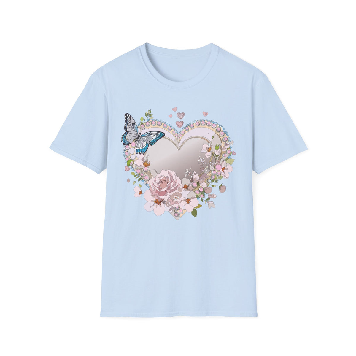 Floral Heart with Butterfly T-Shirt | Romantic Pastel Garden Graphic Tee Unisex 100 Cotton Gildan T-Shirt