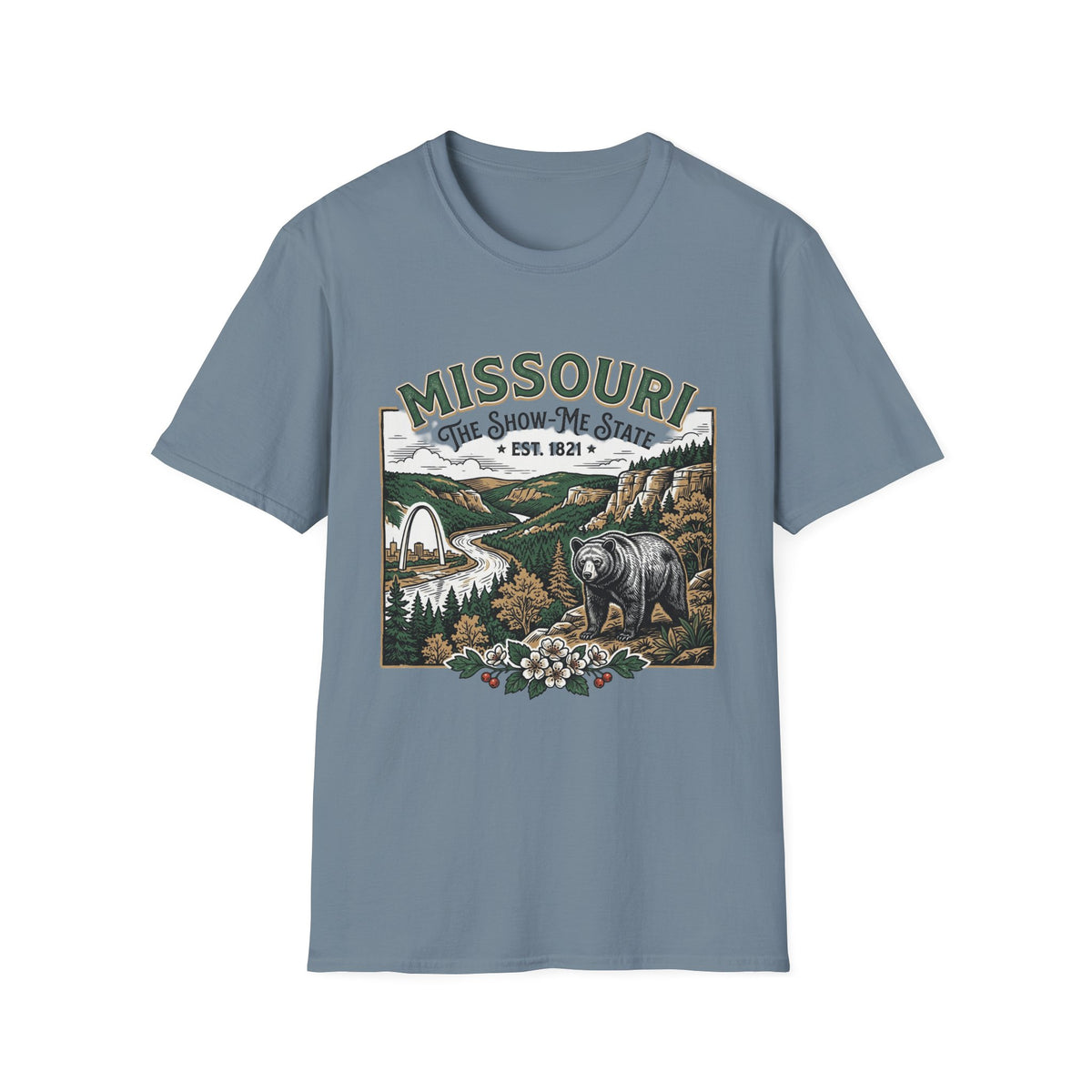 Missouri Vintage State Pride T-Shirt — State Scenic Bear Design Travel Tourist Graphic Design Unisex 100 Cotton Gildan T-Shirt