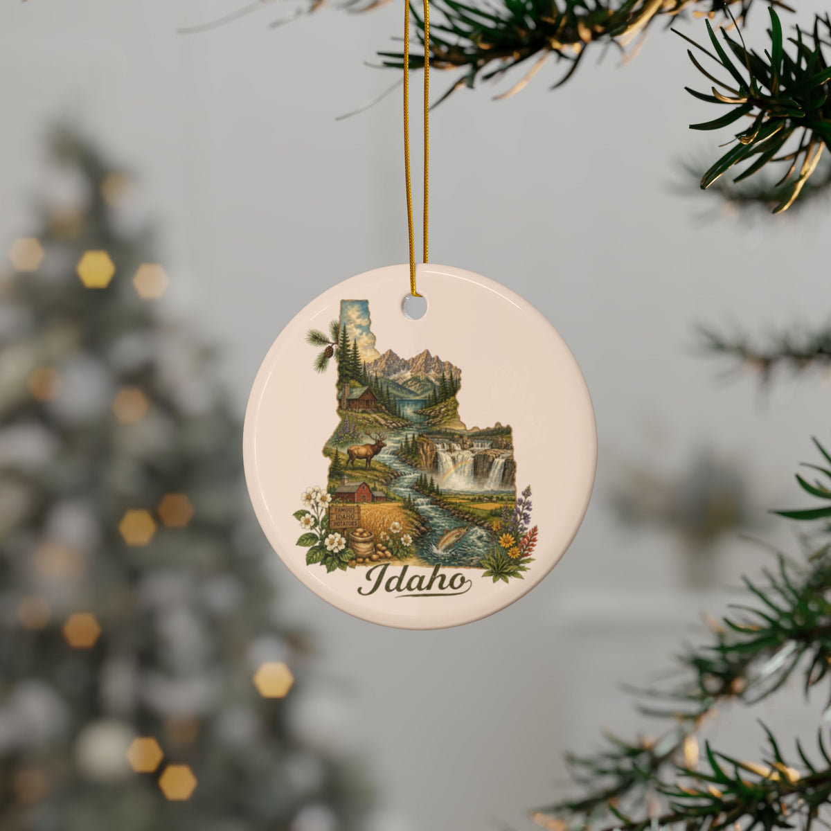 Idaho State Map Illustration Ceramic Ornament | Double-Sided Round Ornament - 2.99" Includes Gold String