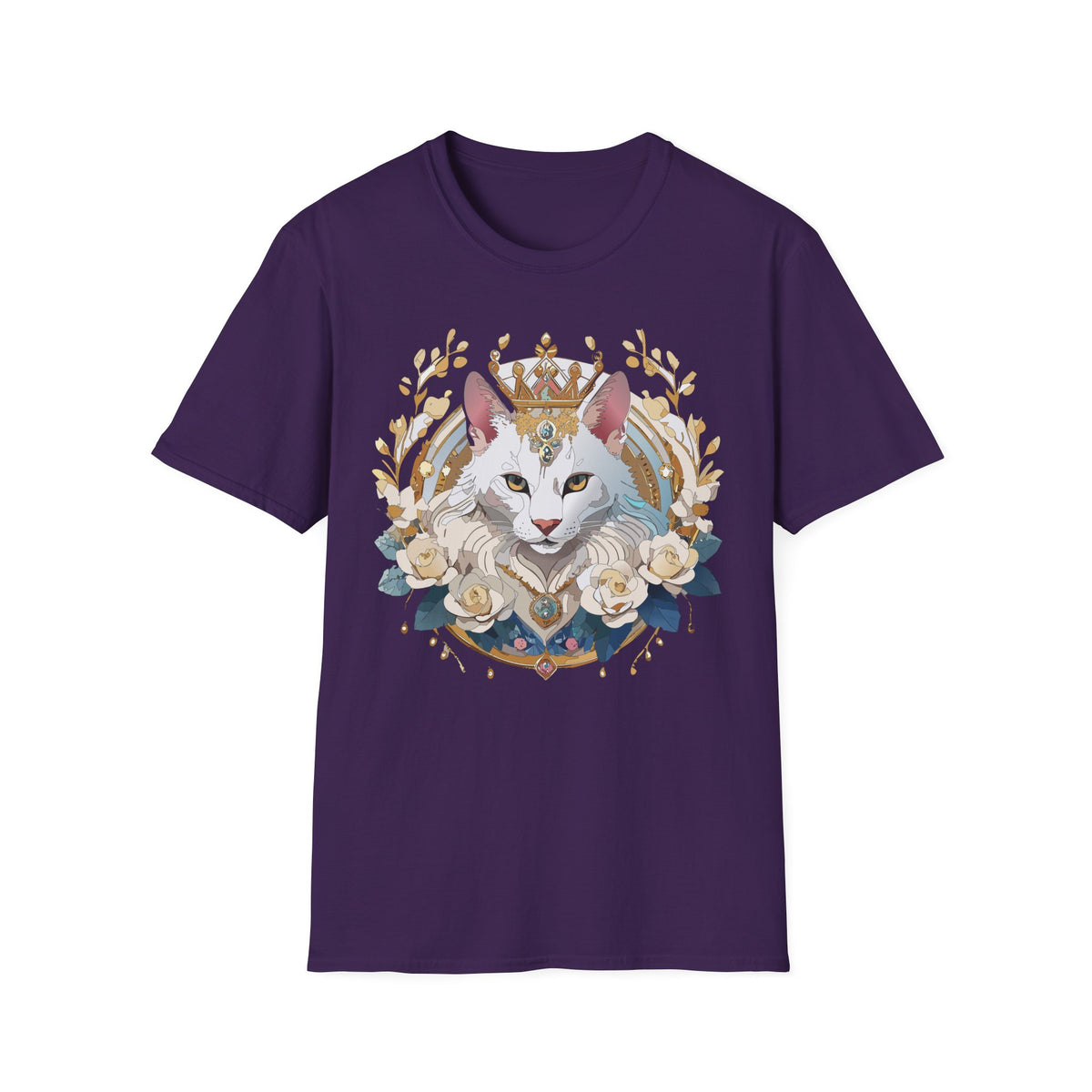 Regal White Cat Illustration T-Shirt | Crowned Feline, Floral Frame