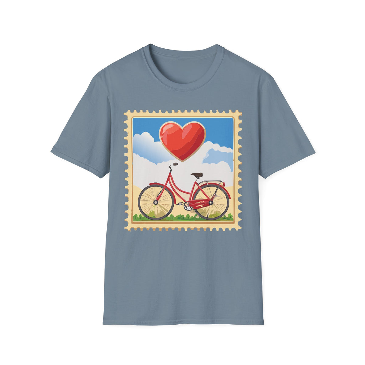 Heart Balloon Bicycle T-Shirt | Retro Stamp Illustration