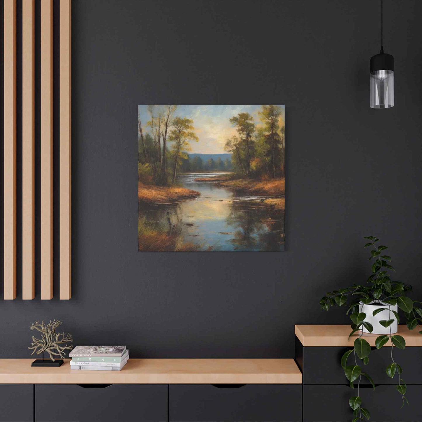 River Print Canvas, Landscape Oil Paint Print 20x20, 24x24, 30x30, 32x32, 36x36 Art Design Print Pine-Wood Inner Frame MC-51