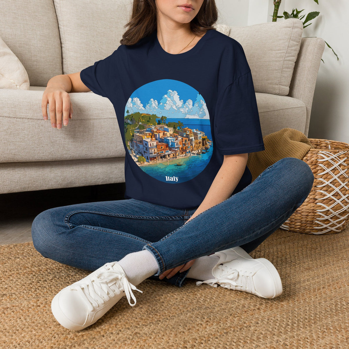 Coastal Italy Village Illustration T-Shirt | Mediterranean Seaside Graphic Tee
