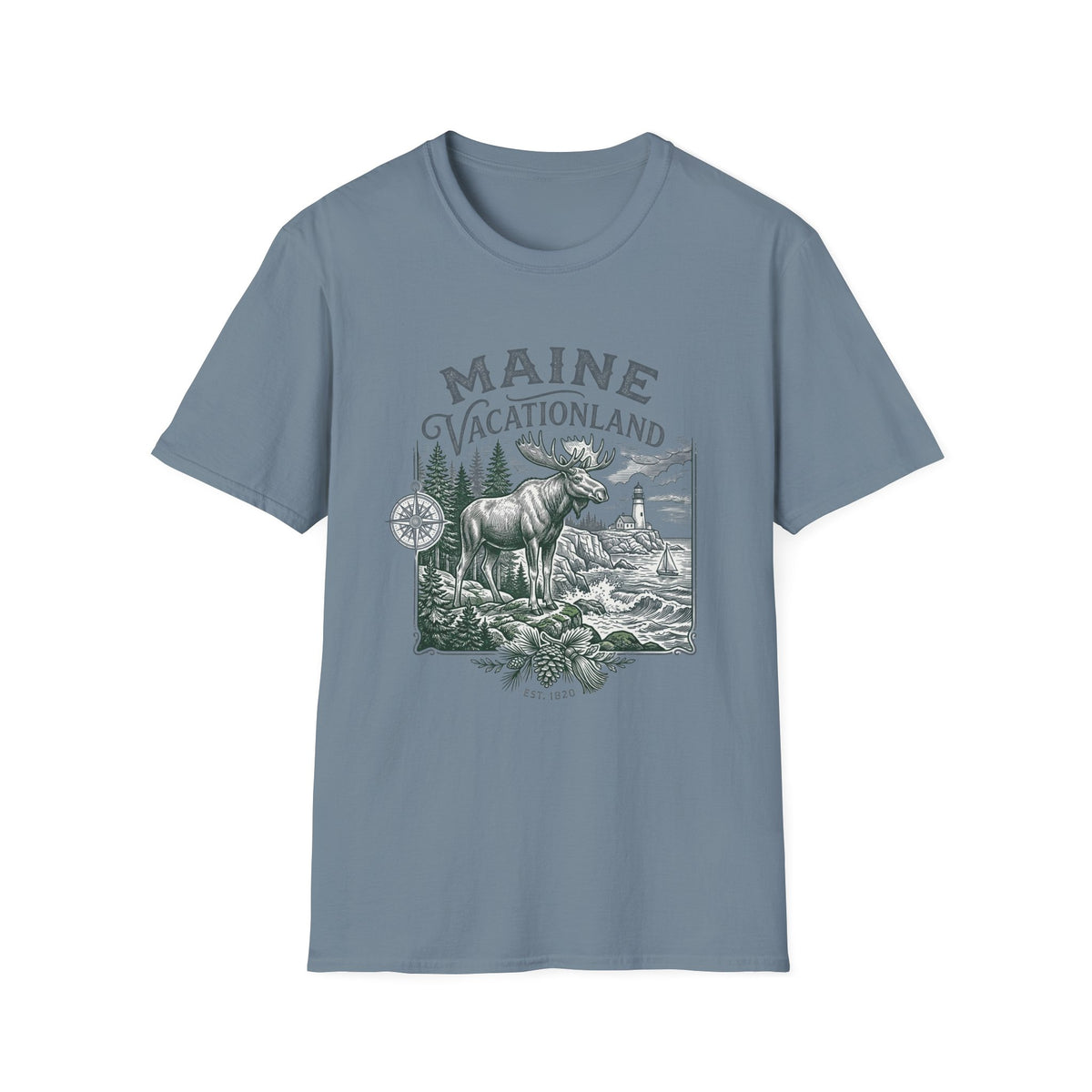 Maine Vacationland T-Shirt – Vintage Moose, Lighthouse State Travel Travel Tourist Graphic Design Unisex 100 Cotton Gildan T-Shirt