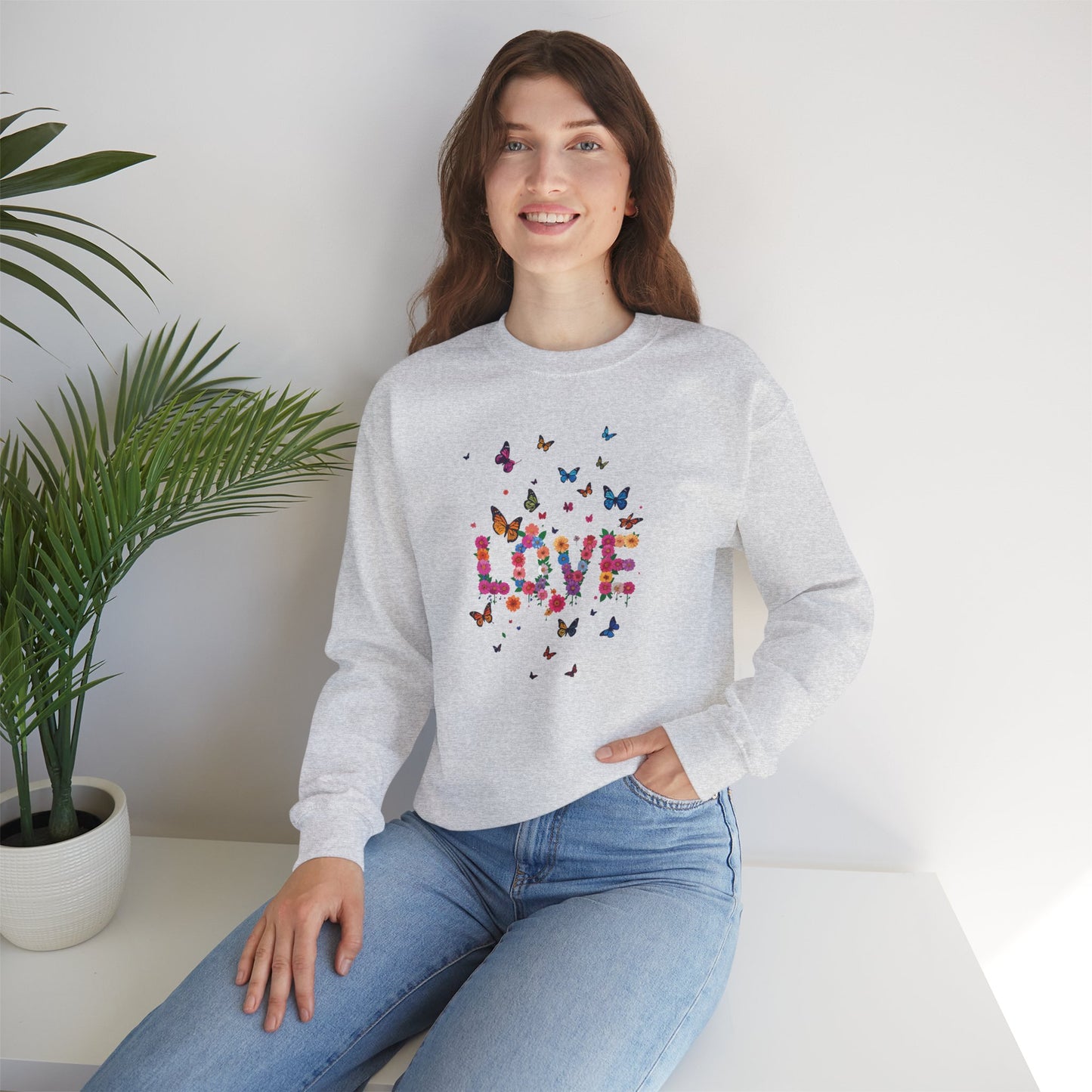 Unisex Floral Love Sweatshirt, Love Floral Sweatshirt, Floral Butterfly Sweatshirt, 50/50 Cotton-Poly Valentine's Day Sweatshirt 08
