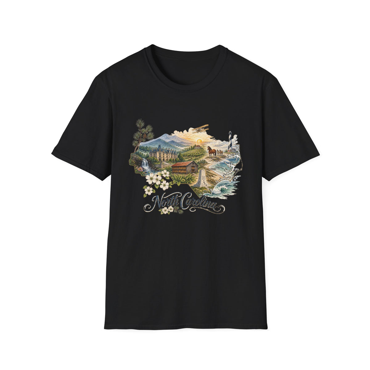 North Carolina State Travel Tourist Graphic Design Unisex 100 Cotton Gildan T-Shirt