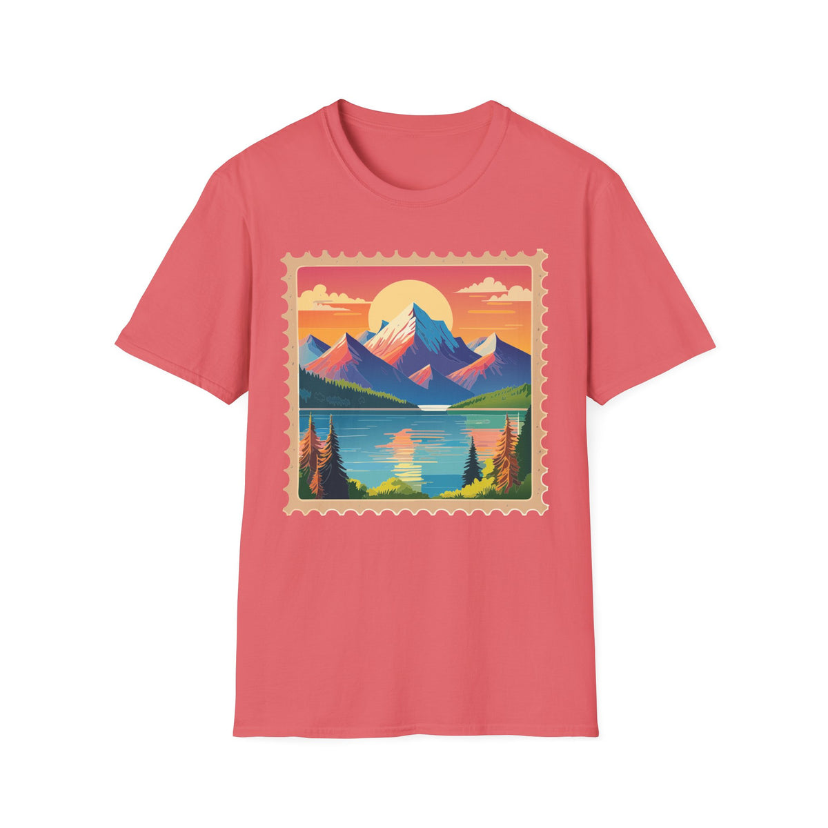 Vintage Mountain Sunset postage stamp T-Shirt | retro travel landscape