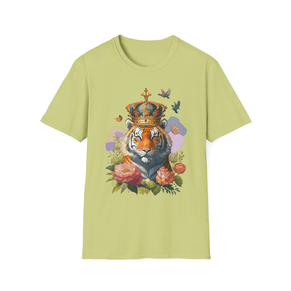 Crowned Tiger Illustration T-Shirt | Floral, Birds, Regal Wildlife Art - Unisex 100 Cotton Gildan 64000