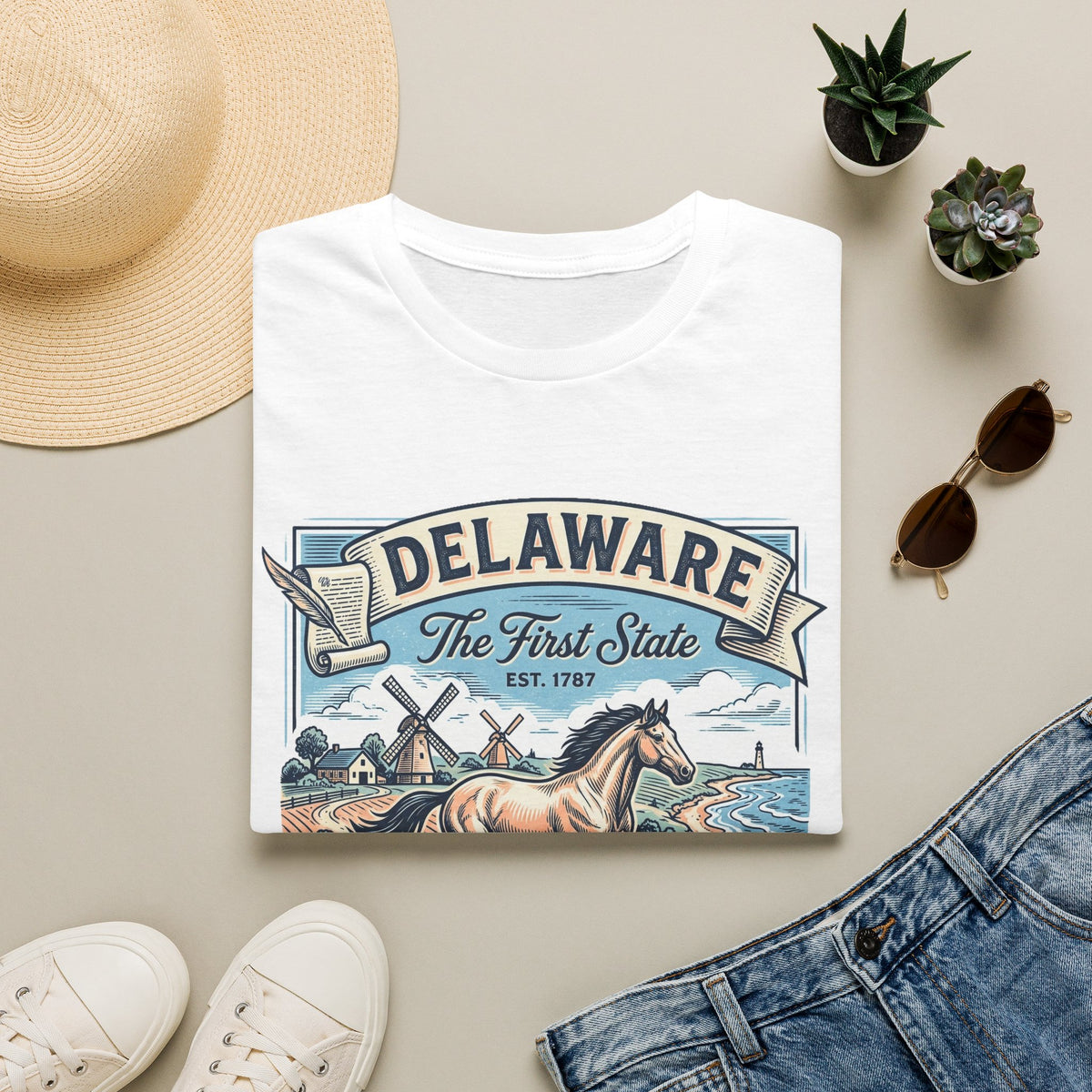 Delaware 'The First State' Scenic Travel Tourist Graphic Tee Unisex 100 Cotton Gildan T-Shirt