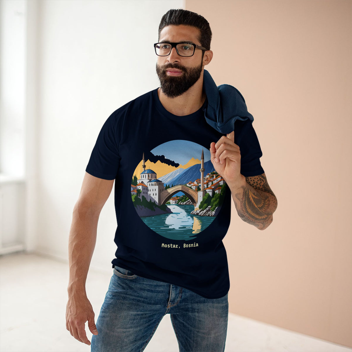Mostar Bosnia Illustration T-Shirt | Stari Most Bridge Circle Design