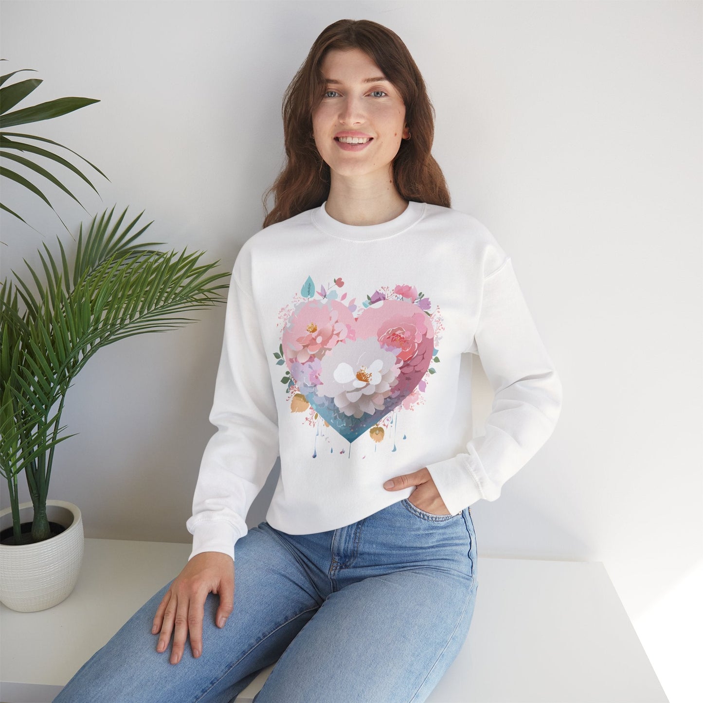 Unisex Floral Heart Sweatshirt For Valentines Day With Love Floral Print Crewneck
