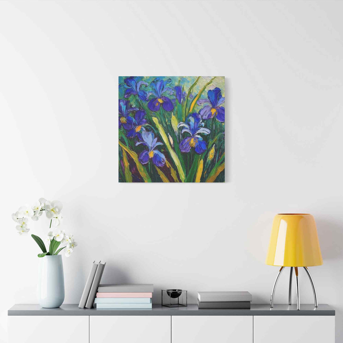 Irises Floral Print Canvas, Floral Oil Paint Print 20x20, 24x24, 30x30, 32x32, 36x36 Art Design Pine-Wood Inner Frame MC-187