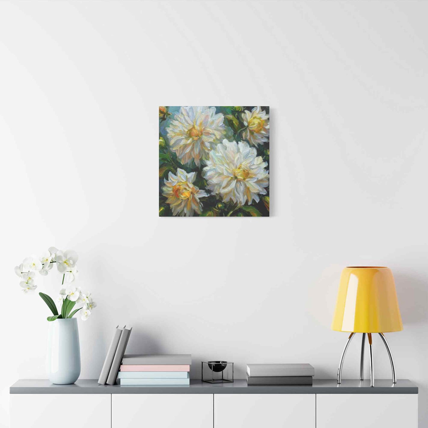 White Dahlias Print Canvas, Floral Oil Paint Print 20x20, 24x24, 30x30, 32x32, 36x36 Art Design Pine-Wood Inner Frame MC-169