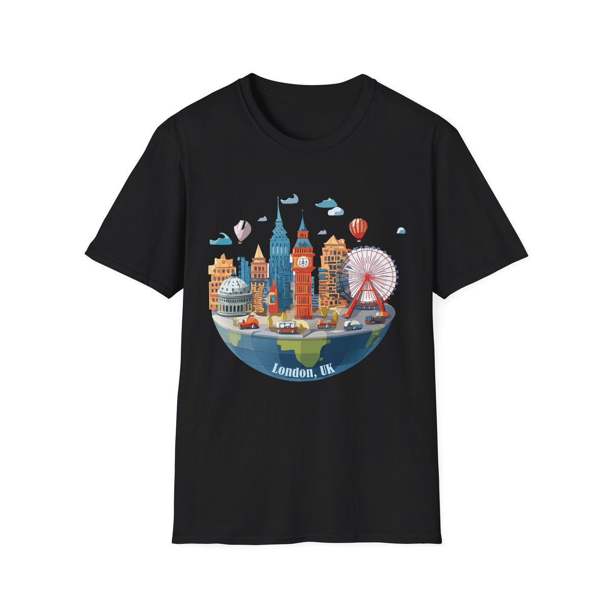 London Skyline Illustration T-Shirt | Big Ben, London Eye, Hot Air Balloons