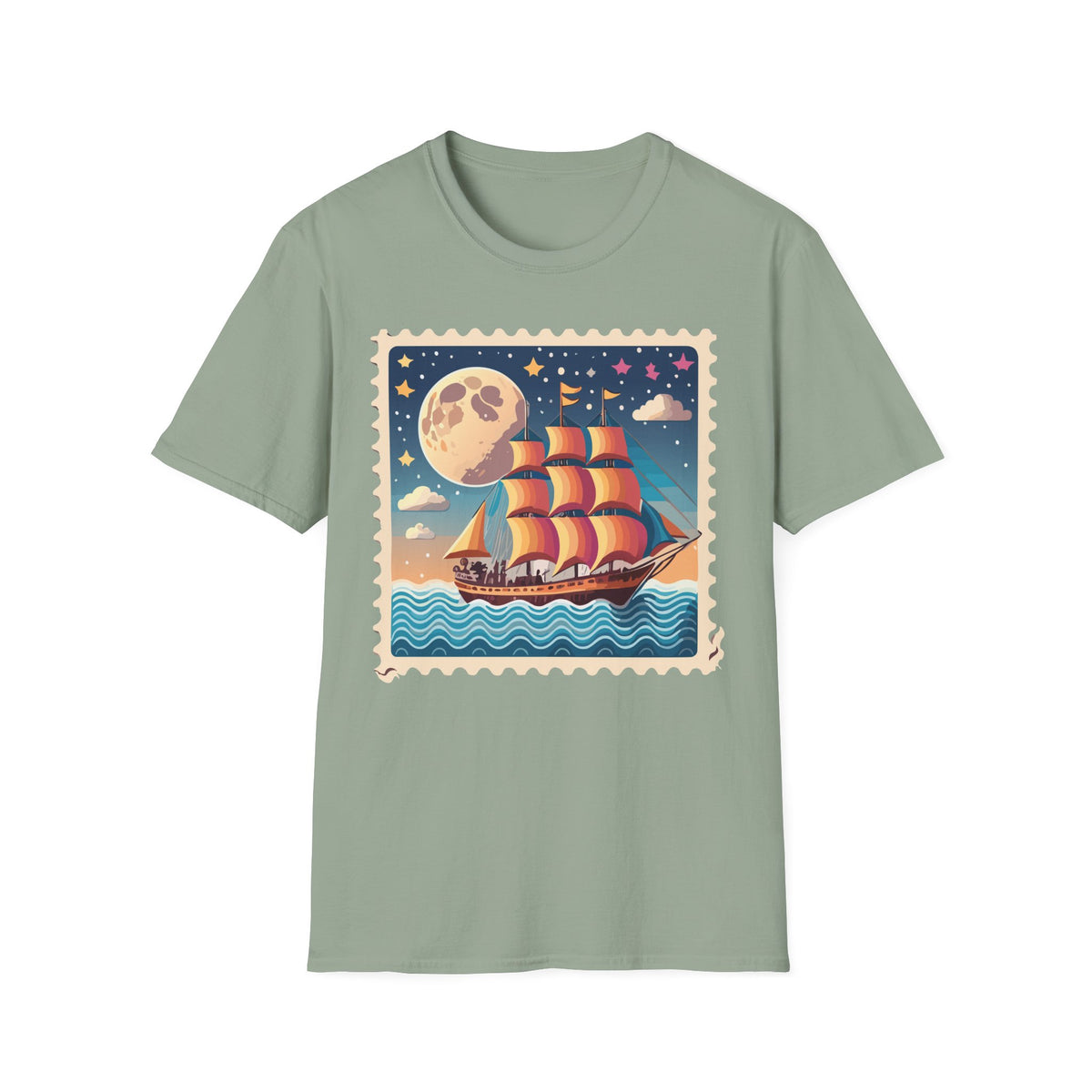 Vintage Sailboat Moon Illustration T-Shirt | Nautical Night Sky