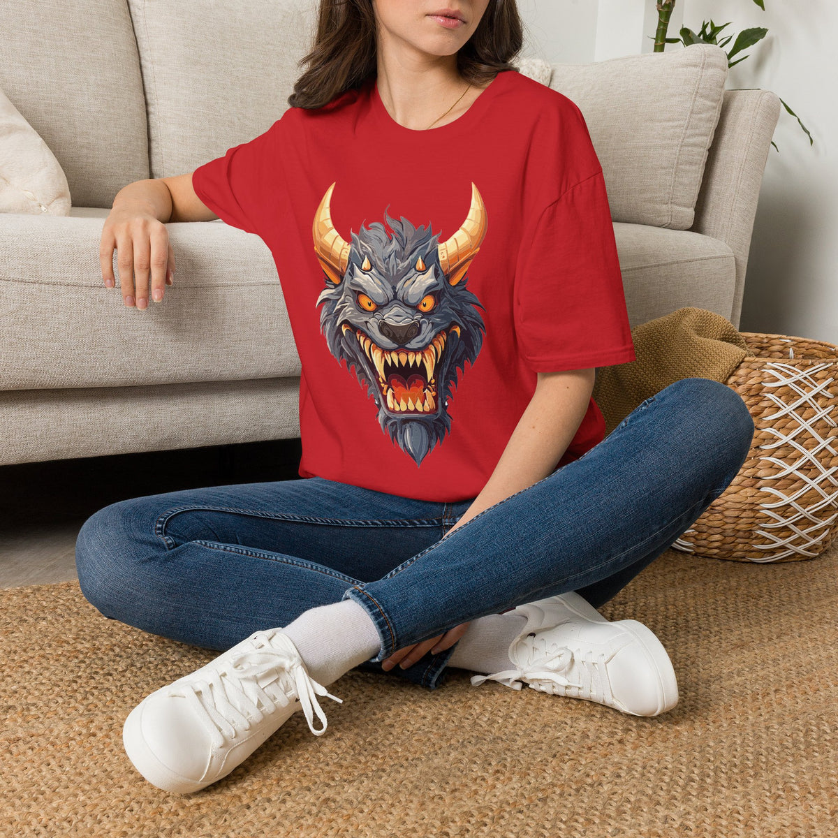Demonic Beast Head T-Shirt — Horned Monster Cartoon Graphic Tee Unisex 100 Cotton Gildan T-Shirt
