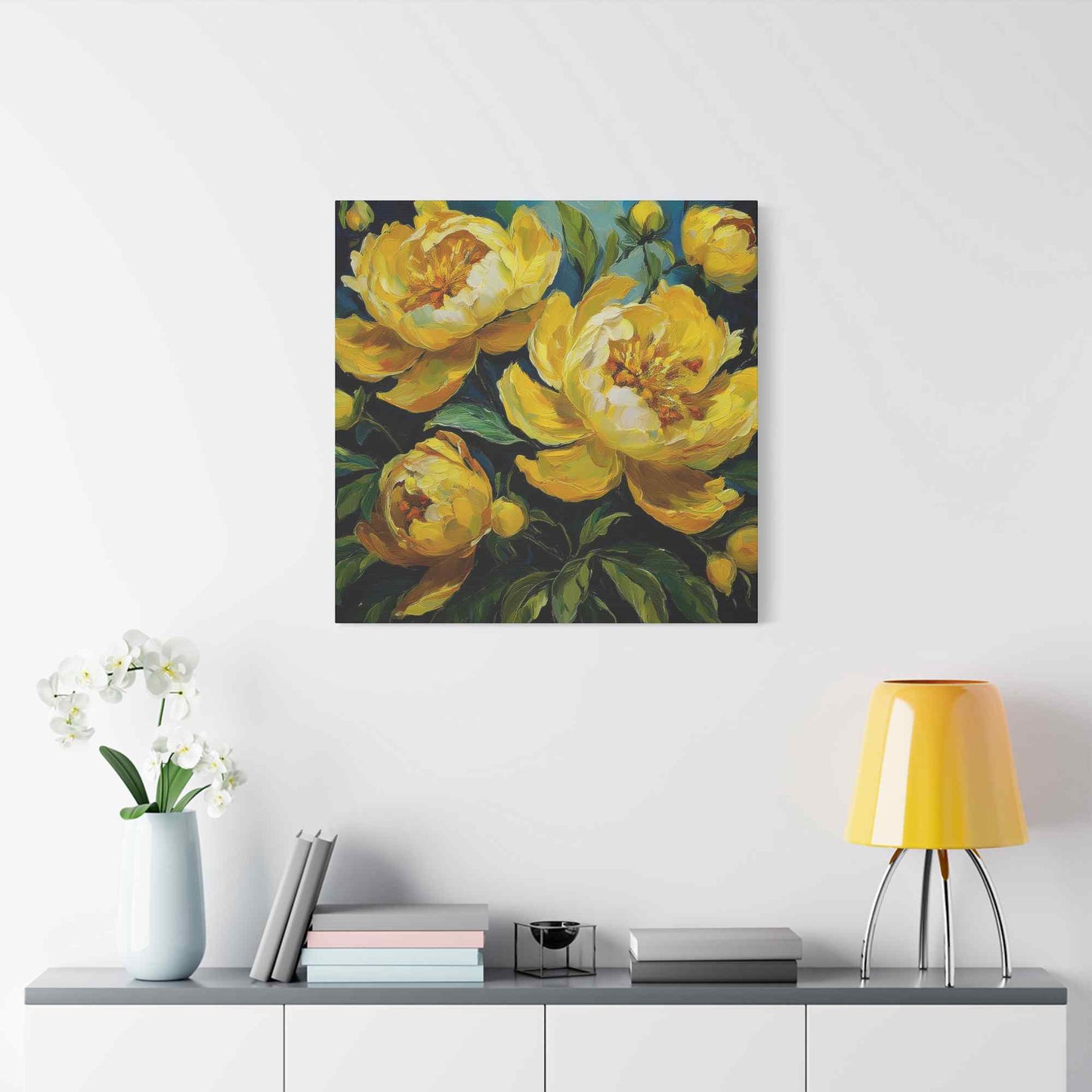 Yellow Peonies Print Canvas, Floral Oil Paint Print 20x20, 24x24, 30x30, 32x32, 36x36 Art Design Pine-Wood Inner Frame MC-121