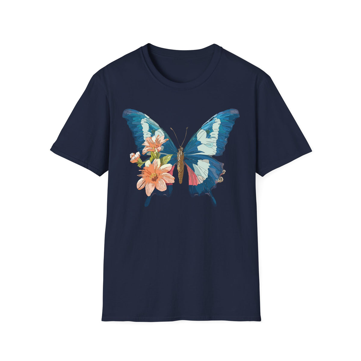 Blue Butterfly Floral Print T-Shirt | Botanical Wings Graphic Tee Unisex 100 Cotton Gildan T-Shirt