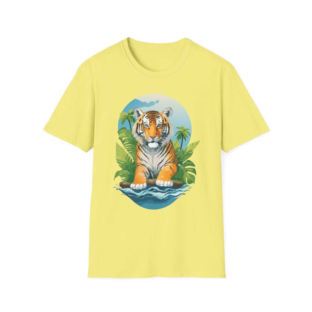 Tropical Tiger Illustration T-Shirt | Jungle Palm Sunset Tee