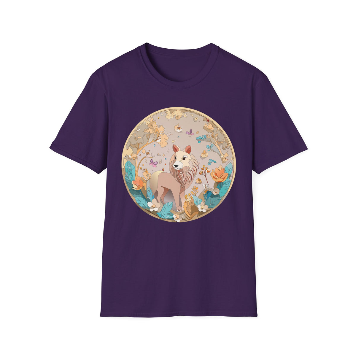 Whimsical Lion Garden Illustration T-Shirt | Floral Circle Art