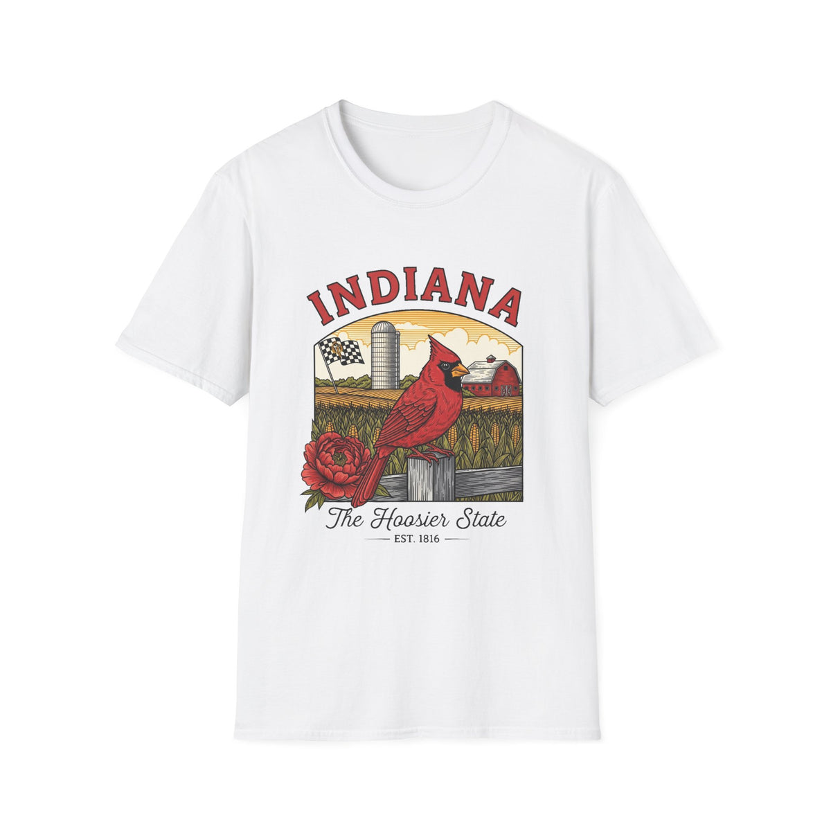 Indiana Cardinal Bird Tee — The Hoosier State Vintage Farm Design Travel Tourist Graphic Design Unisex 100 Cotton Gildan T-Shirt