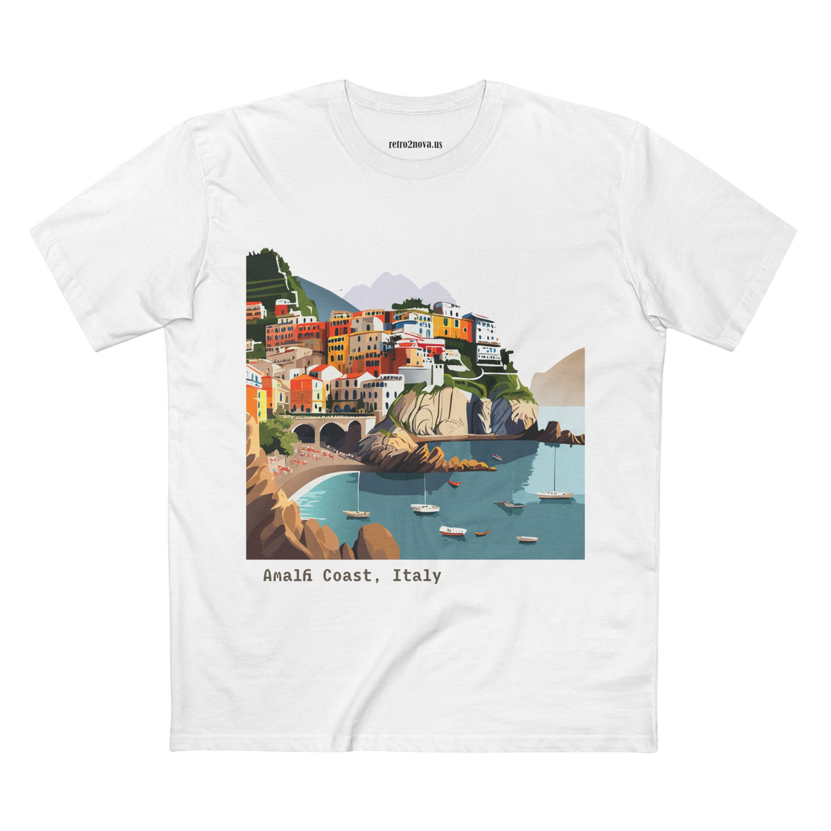 Amalfi Coast Italy illustration T-Shirt | Coastal village, sailboats, seaside print