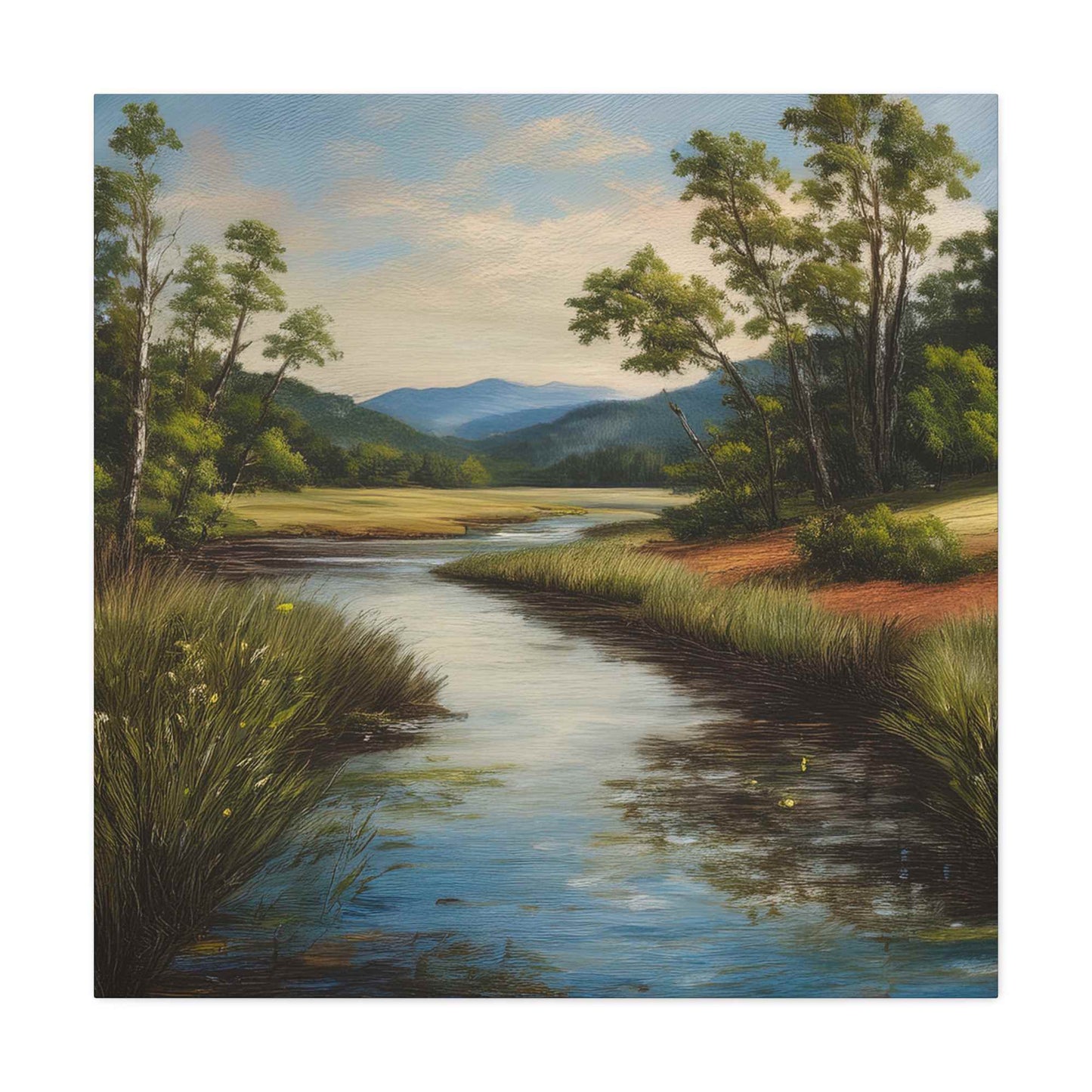 River Print Canvas, Landscape Oil Paint Print 20x20, 24x24, 30x30, 32x32, 36x36 Art Design Print Pine-Wood Inner Frame MC-50