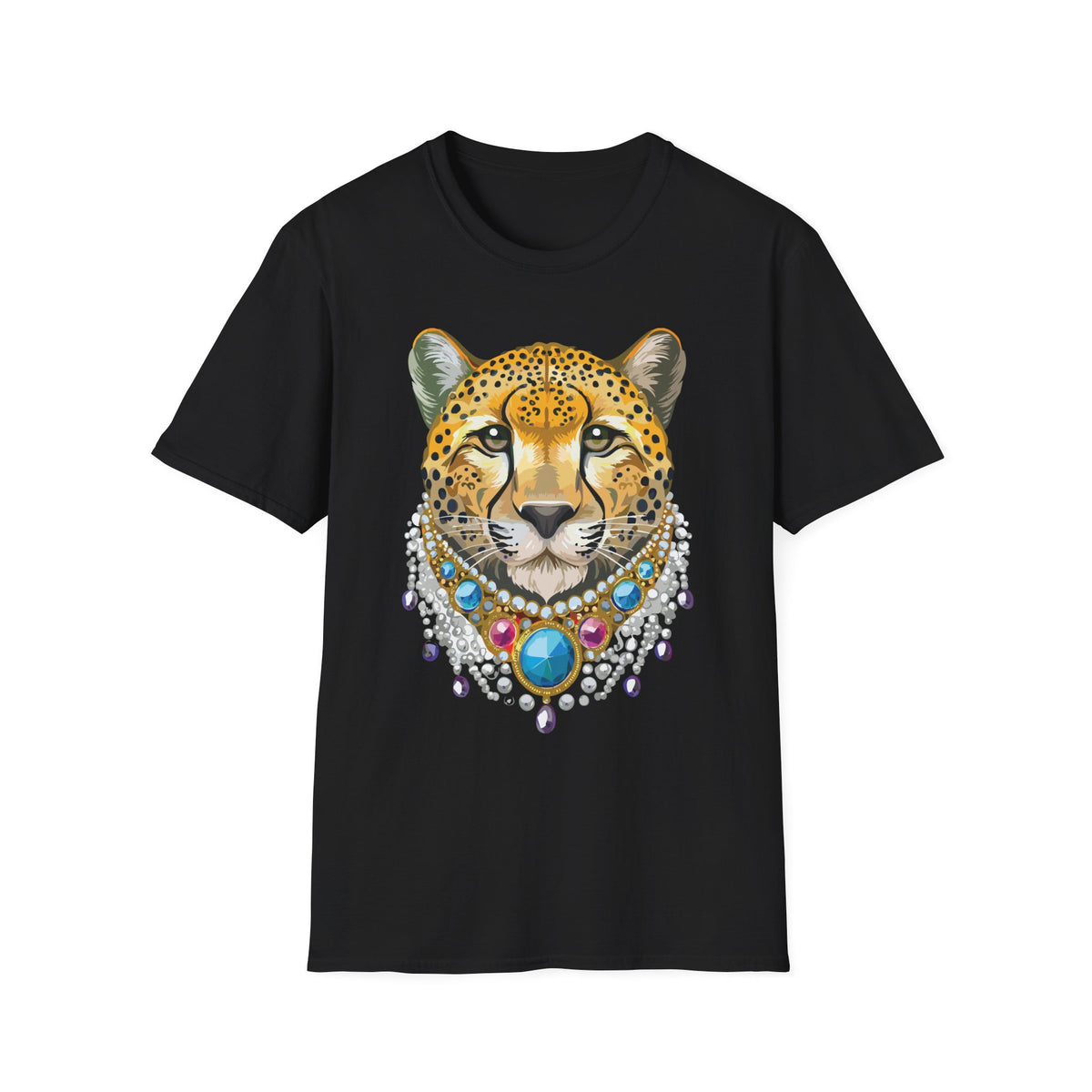 Leopard Portrait T-Shirt | Detailed Cheetah Face with Gem Necklace