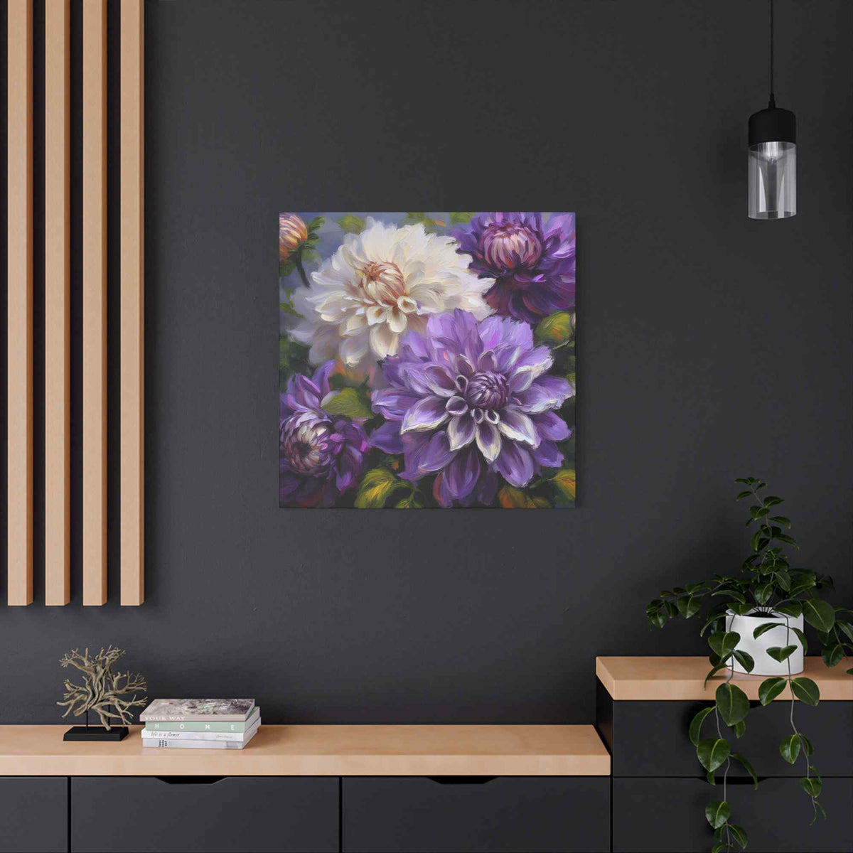 Dahlias Floral Print Canvas, Floral Oil Paint Print 20x20, 24x24, 30x30, 32x32, 36x36 Art Design Pine-Wood Inner Frame MC-172